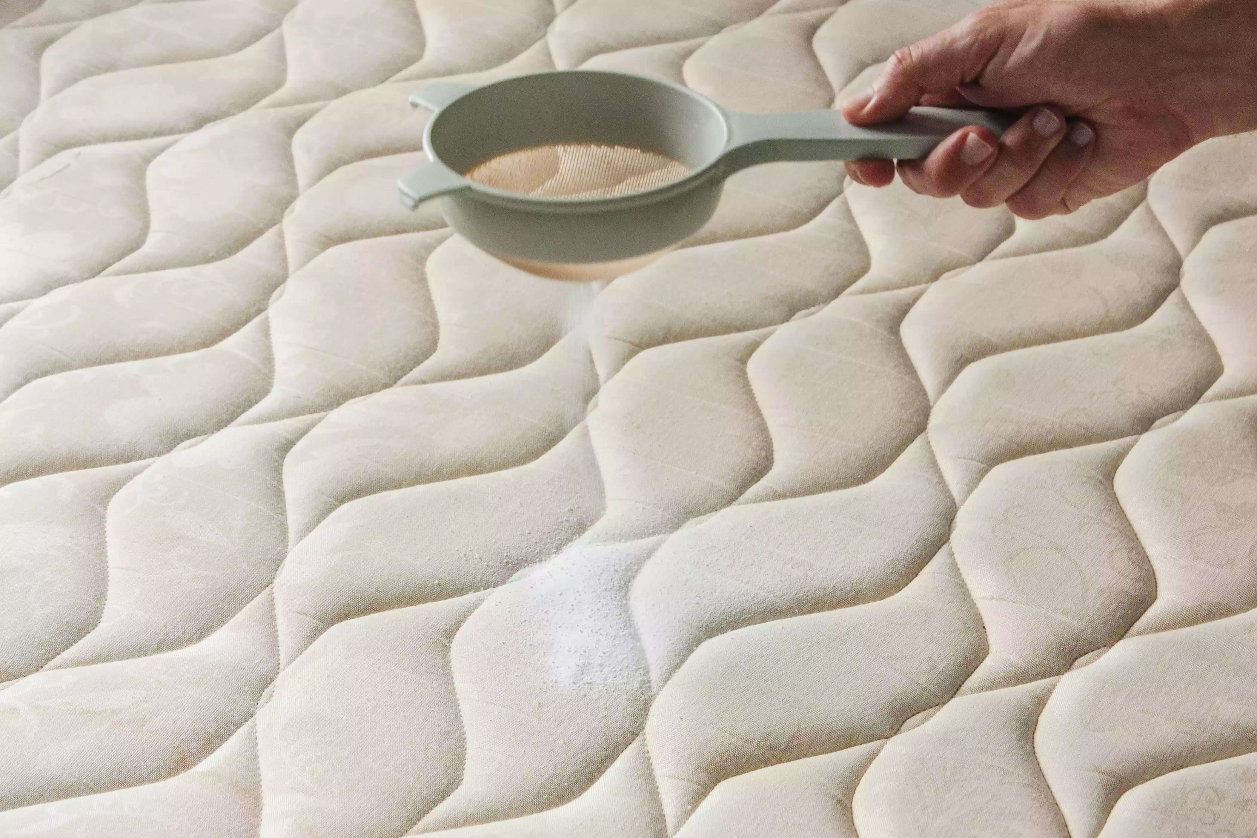 person sprinkling baking soda onto a mattress